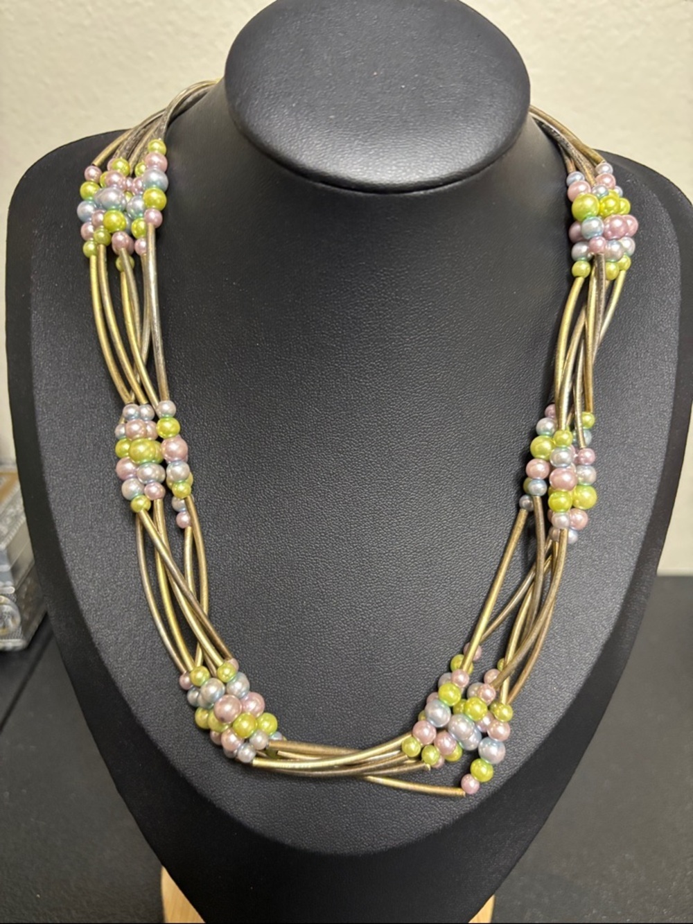 Vintage Multi Strand Pastel Faux Pearl Silver Tone Necklace